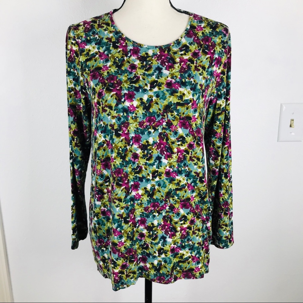 J JILL CREW NECK HIGH/LOW HEM FLORAL TOP